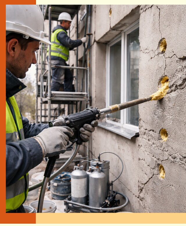 Заполнение пустот в фасаде и утепление стен в Домодедово